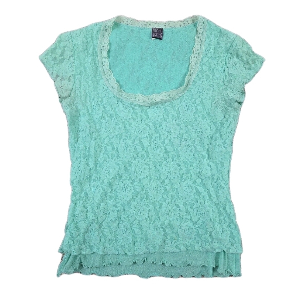Vintage 90s Hanky Panky Teal Lace Babydoll Top Sheer Ruffle Fairy Coquette